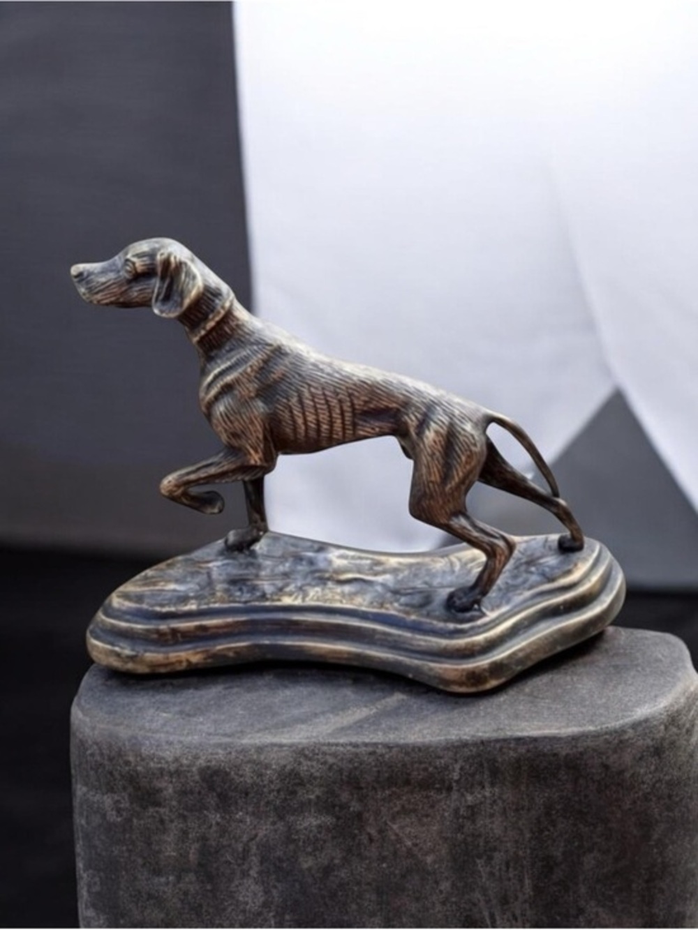 Greyhound Pointer dog Sculpture on Metal Base, Brass bronze vintage hunting dog